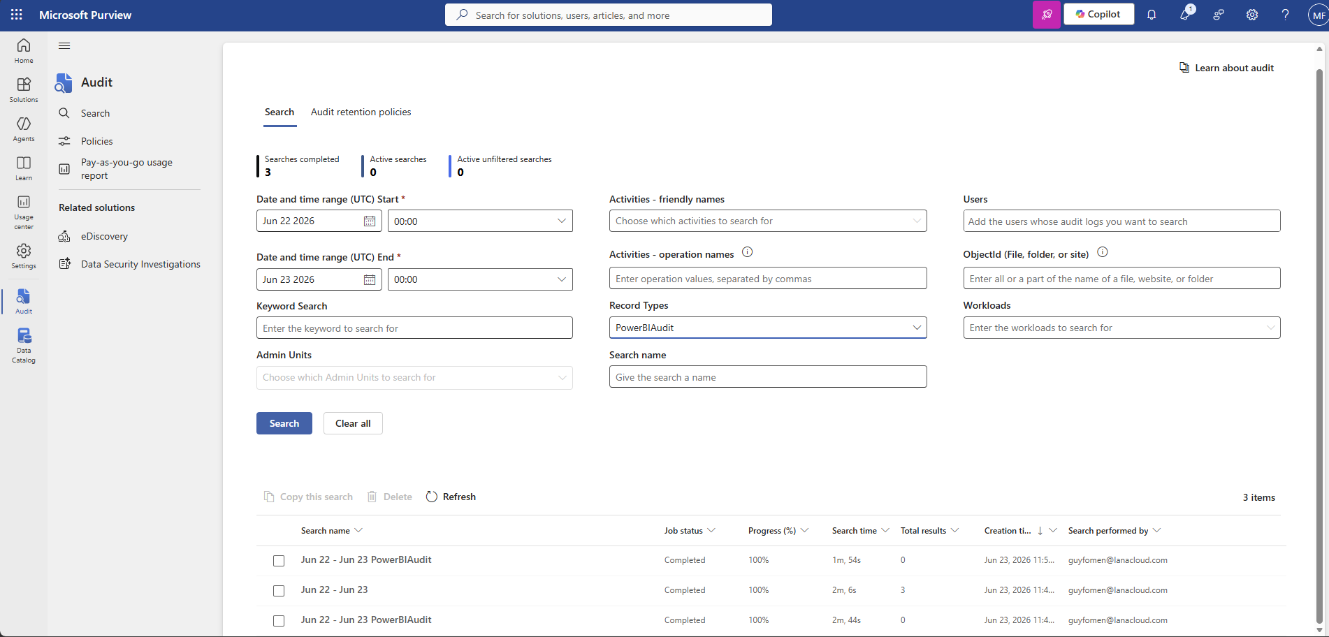 Microsoft Purview Audit search — three searches completed: Jun 22-23 PowerBIAudit (0 results), Jun 22-23 (3 results), Jun 22-23 PowerBIAudit (0 results). Record type: PowerBIAudit.